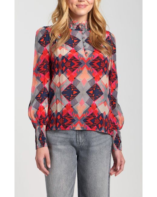 Apny Red Puff Shoulder Button Front Top