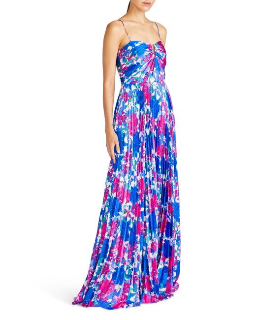 ML Monique Lhuillier Blue Evelyn Floral Pleated Satin Gown