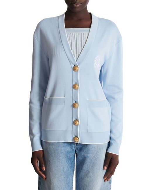 Balmain Blue Emblème-Embroidered Knit Cardigan