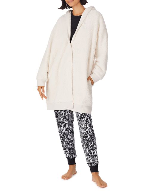 DKNY Hooded Longline Highpile Fleece Robe in Natural Lyst