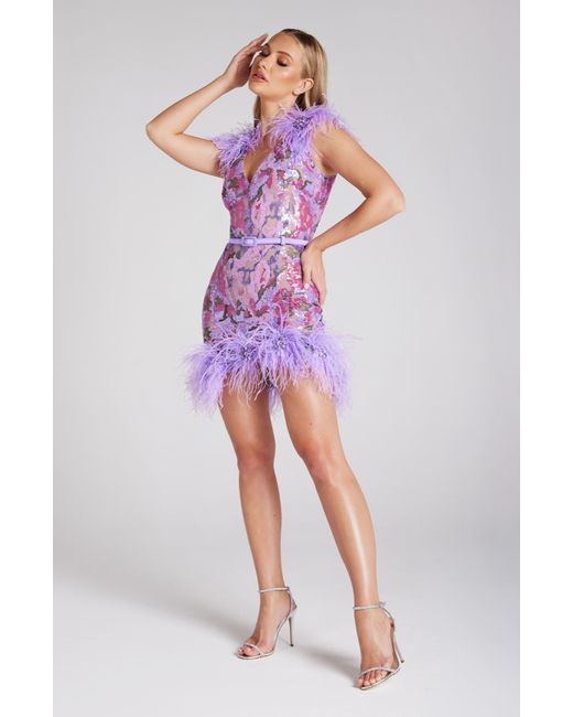 Nadine Merabi Purple Isla Belted Ostrich & Turkey Feather Trim Minidress