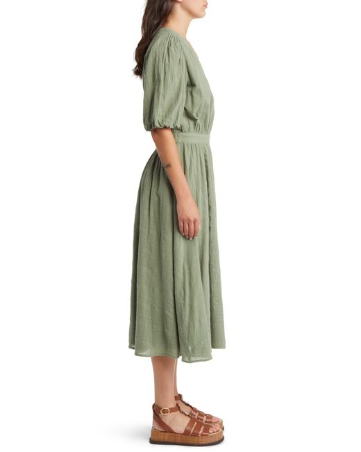 Treasure & Bond Green Puff Sleeve Cotton Wrap Dress