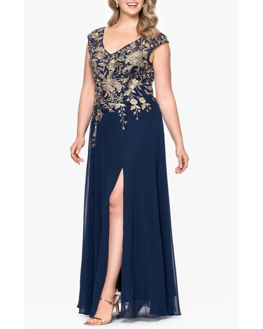 Betsy & Adam Blue Metallic Embroidery Chiffon Gown
