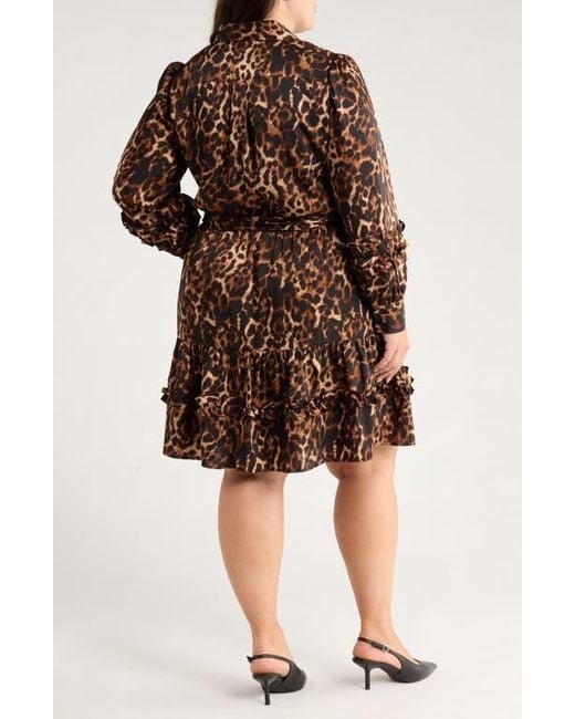 Anne Klein Brown Leopard Tie Waist Long Sleeve Shirtdress