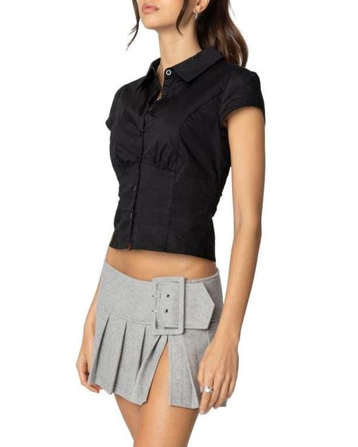 Edikted Black Massie Cap Sleeve Stretch Cotton Button-Up Shirt