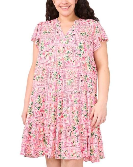 Cece Pink Flutter Sleeve Tiered Dress
