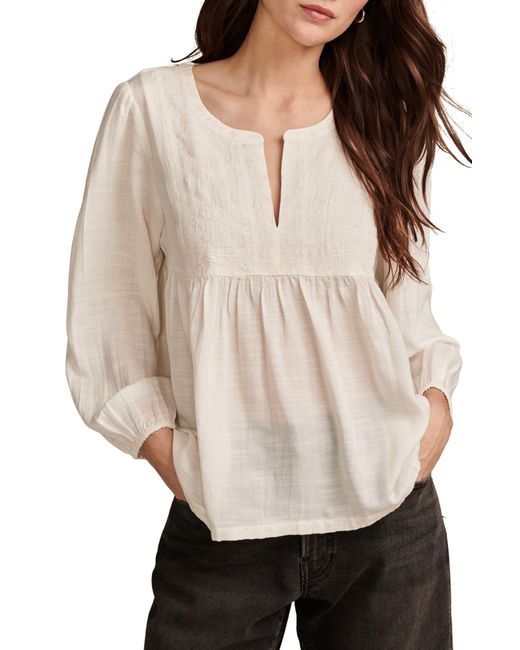 Lucky Brand Natural Embroidered Long Sleeve Peasant Top
