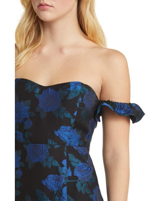 Lulus Blue Exceptional Occasion Floral Jacquard Off The Shoulder Gown