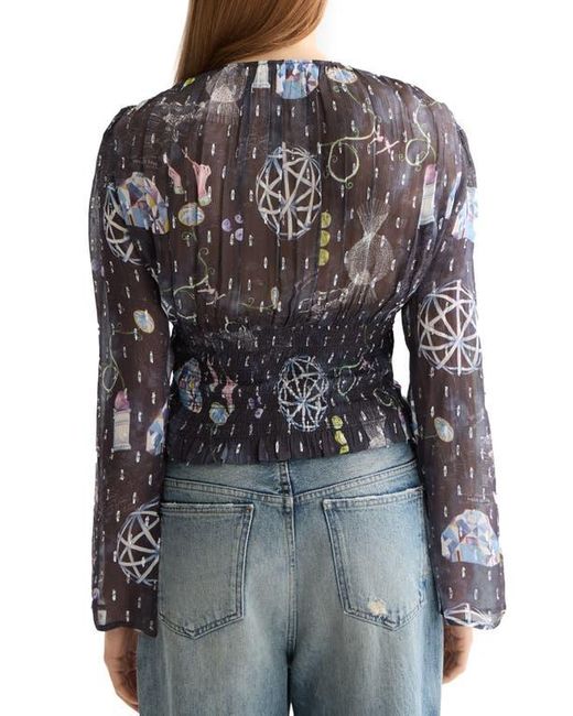 Scotch & Soda Gray Long Sleeve Smocked Waist Chiffon Top