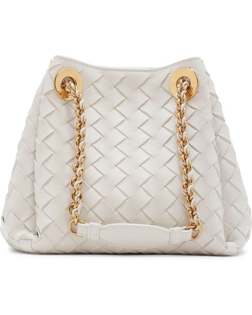 Bottega Veneta White Small Parachute Chain Intrecciato Leather Shoulder Bag