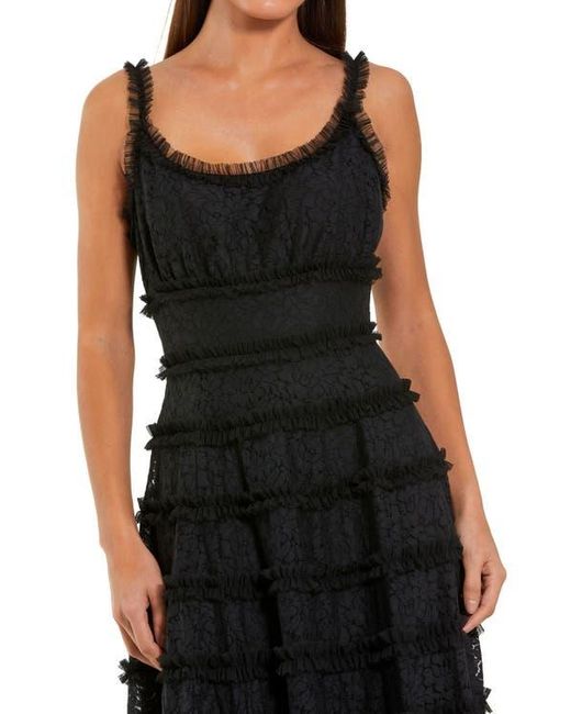Mac Duggal Black Sleeveless Lace A-Line Midi Dress With Ruffles