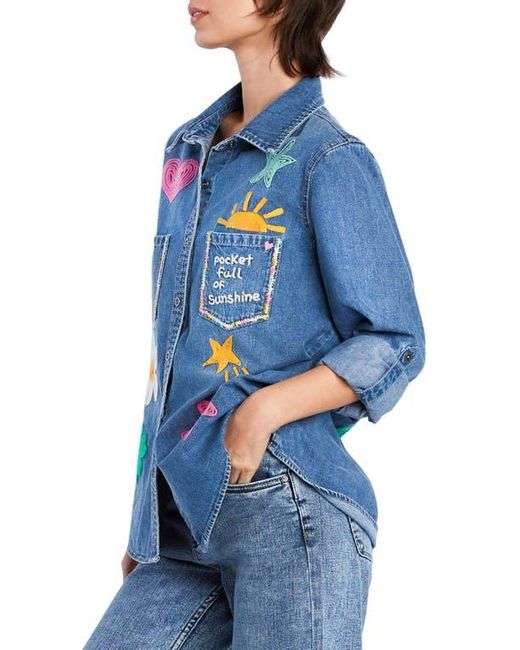 BILLY T Blue Pocketful Of Sunshine Embroidered Denim Graphic Button-Up Shirt