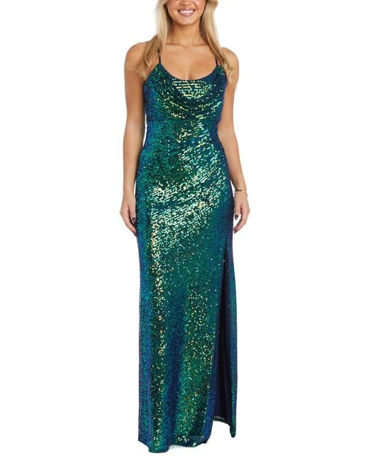 Morgan & Co. Cowl Neck Sequin Crossback Body-con Gown in Green | Lyst