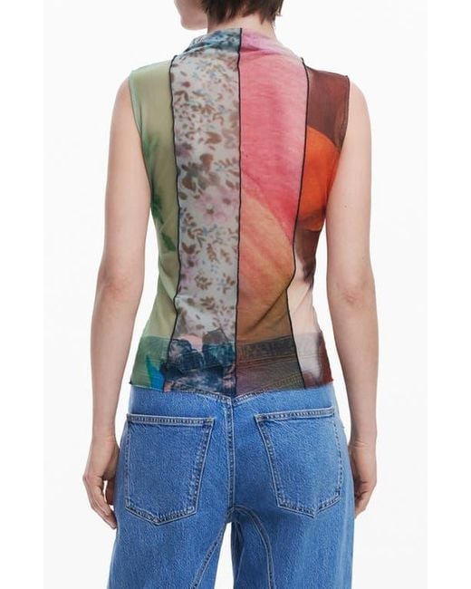 Desigual Blue Mixed Print Mesh Tank