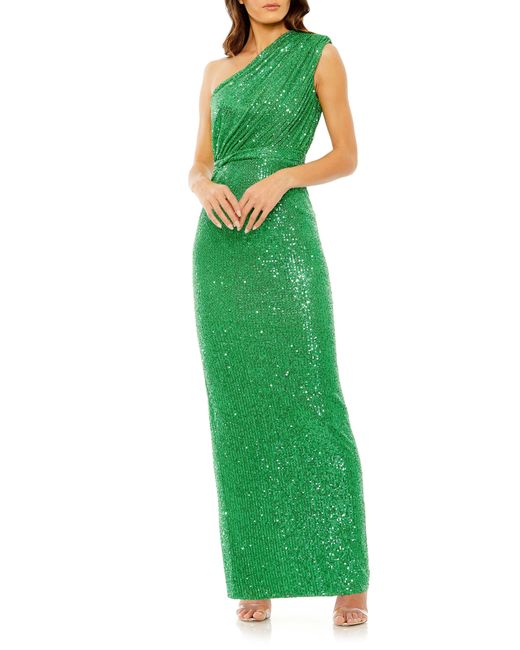 Mac Duggal Green Sequin One-shoulder Column Gown