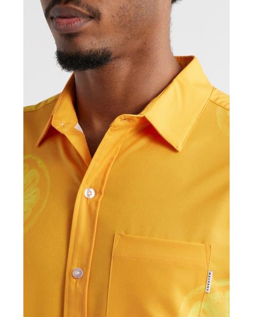 MAVRANS Yellow Citrus Print Short Sleeve Performance Button-Up Shirt for men
