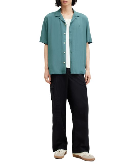 AllSaints Green Venice Relaxed Fit Short Sleeve Button-up Camp Shirt for men