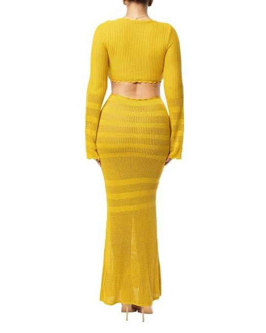 JLUXLABEL Women's Yellow Blossom Haven Open Stitch Long Sleeve Knit Maxi  Dress