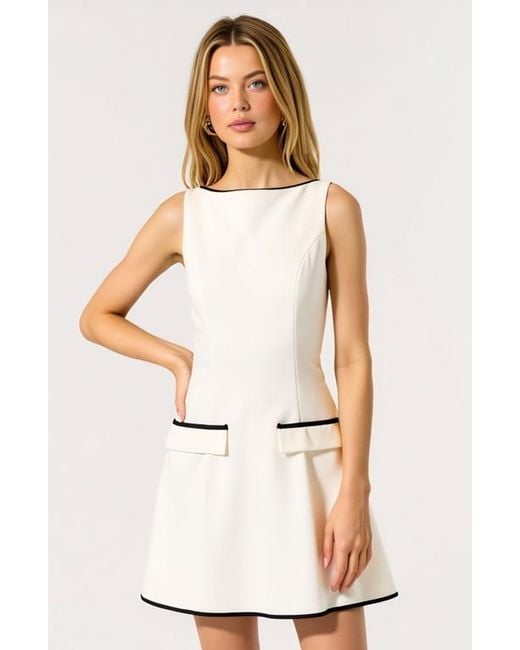 Modenaire White Sleeveless Contrast Trim Mini Dress With Faux Pocket Flaps