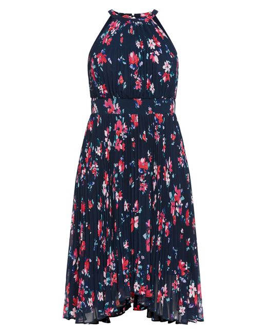 City Chic Blue Floral Pleated Midi Dress