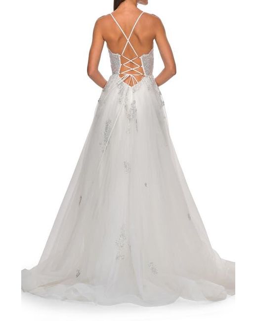 La Femme White A-Line Tulle Gown With Scallop Detail Bodice And Lace Applique