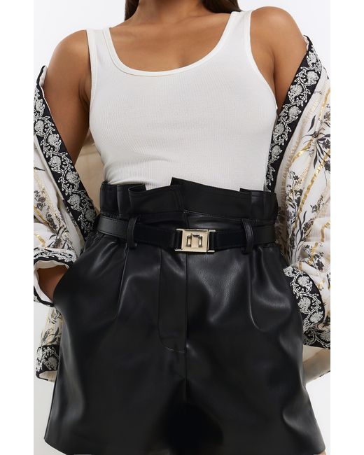 River Island Belted Paperbag Waist Faux Leather Shorts in Black Lyst