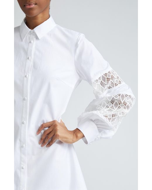 Lela Rose White Lace Inset Long Sleeve Stretch Cotton Shirtdress