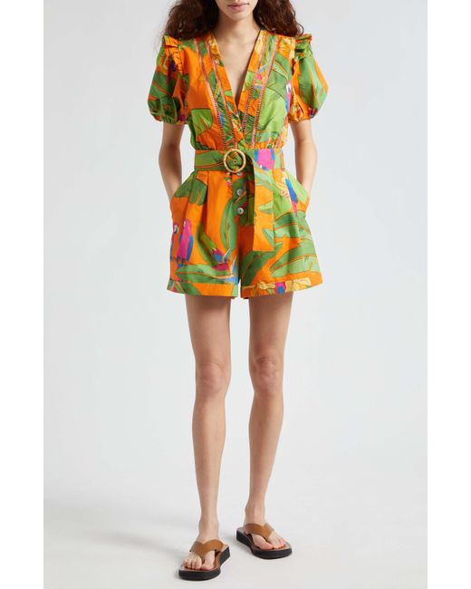Farm Rio Yellow Fresh Macaws Belted Button Front Romper