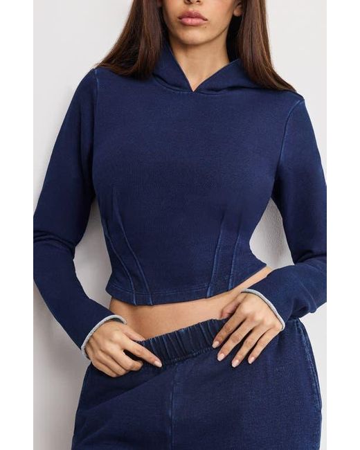 GOOD AMERICAN Blue Jeanius Crop Corset French Terry Hoodie