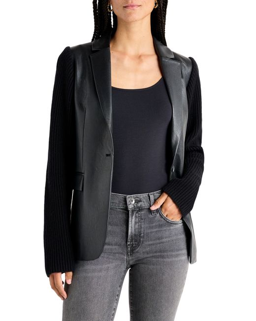 Splendid Black Adina Faux Leather & Rib Sleeve Blazer