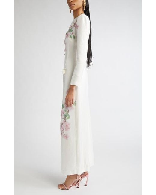 Oscar de la Renta White Cherry Blossom Long Sleeve Sequin Jersey Column Gown