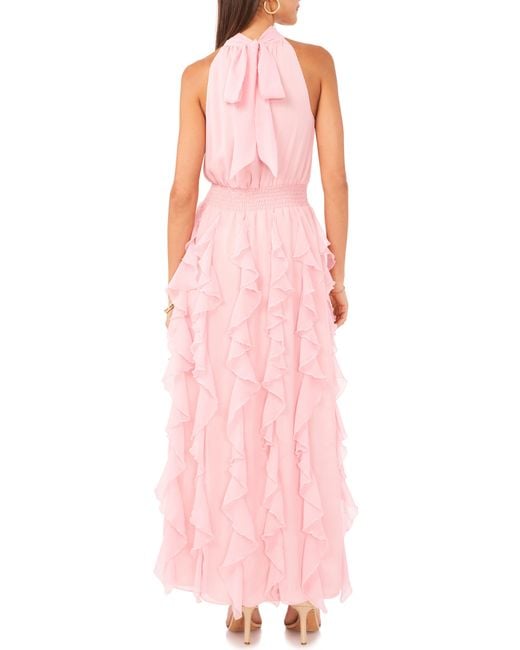 1.STATE Pink Cascade Ruffle Chiffon Maxi Dress