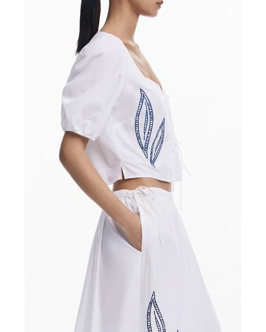 Desigual White Embroidered Tie Front Top