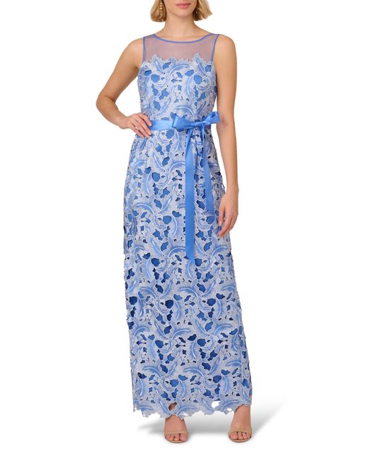 Adrianna Papell Blue Tonal Lace Column Gown