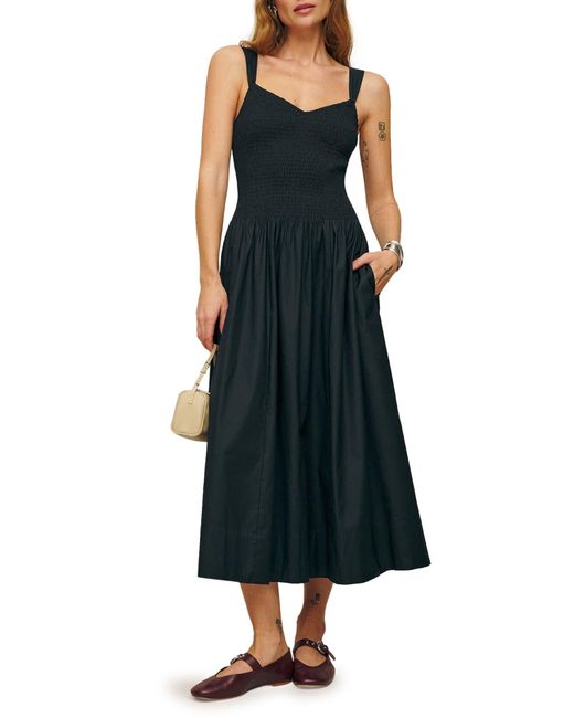 Reformation Black Sariah Smocked Organic Cotton Midi Dress