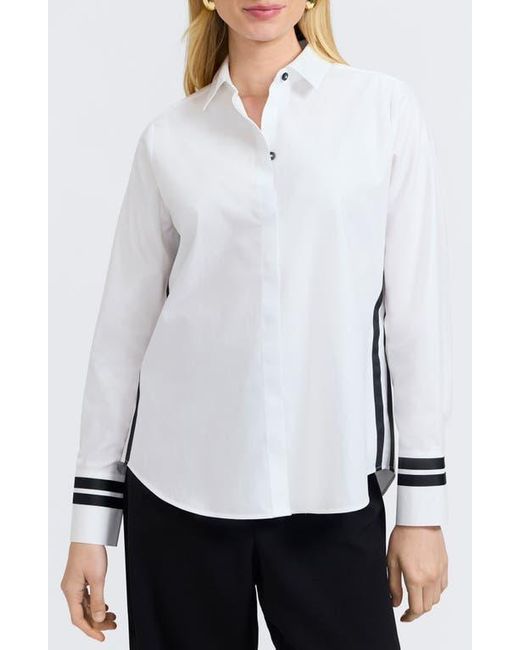 Foxcroft White Brooke Grosgrain Trim Cotton Button-Up Shirt