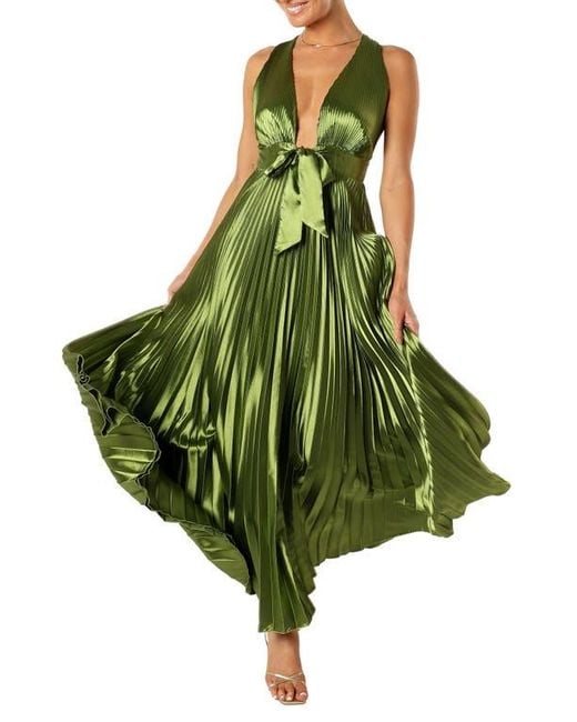 Petal & Pup Kris Plunge Neck Pleated Satin Gown in Green | Lyst
