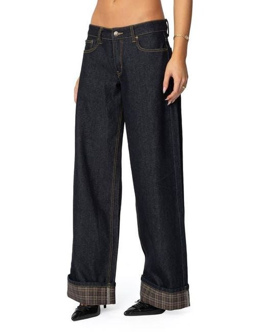 Edikted Women's Blue Plaid Cuff Wide Leg Jeans