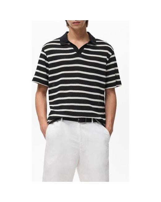 Mango Black Textured Stripe Johnny Collar Polo for men