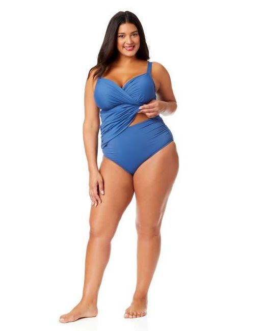 Anne Cole Blue Plus Gradient Floral Twist Front Underwire Tankini Swim Top
