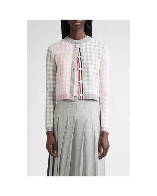 Thom Browne Gray Fun-Mix Gingham Check Bird's Eye Wool Blend Cardigan