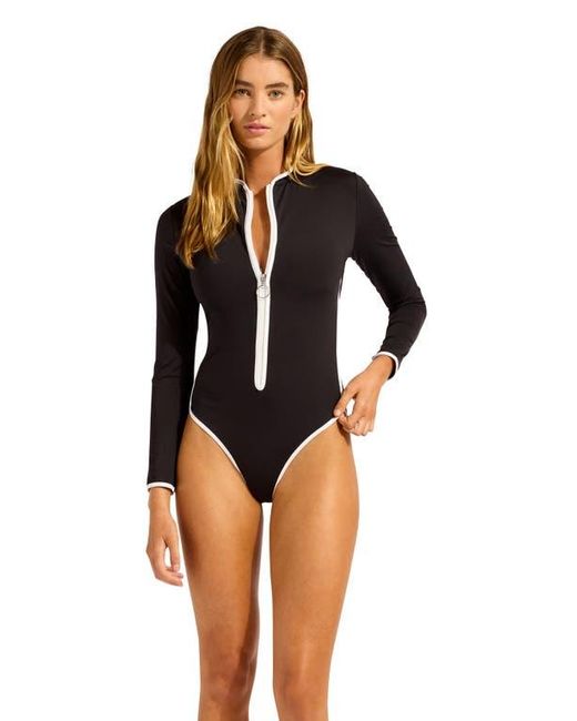 Seafolly Black Contrast Binding Long Sleeve One-Piece Rashguard Swimsuit