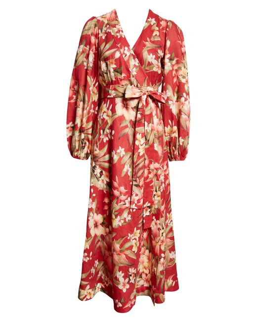 Zimmermann Red Lexi Floral Long Sleeve Linen Wrap Dress