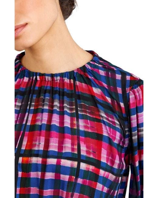 Bella Dahl Blue Plaid Shirred Bubble Top