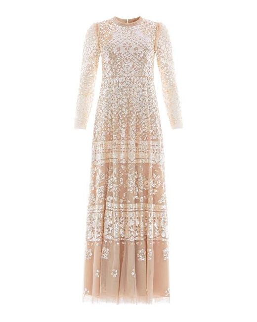 Needle & Thread Natural Aurora Long Sleeve Round Neck Gown