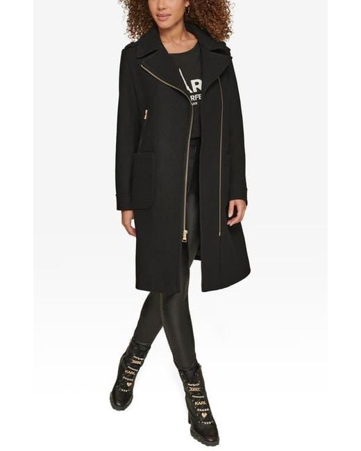 Karl Lagerfeld Black Long Wool Blend Moto Jacket