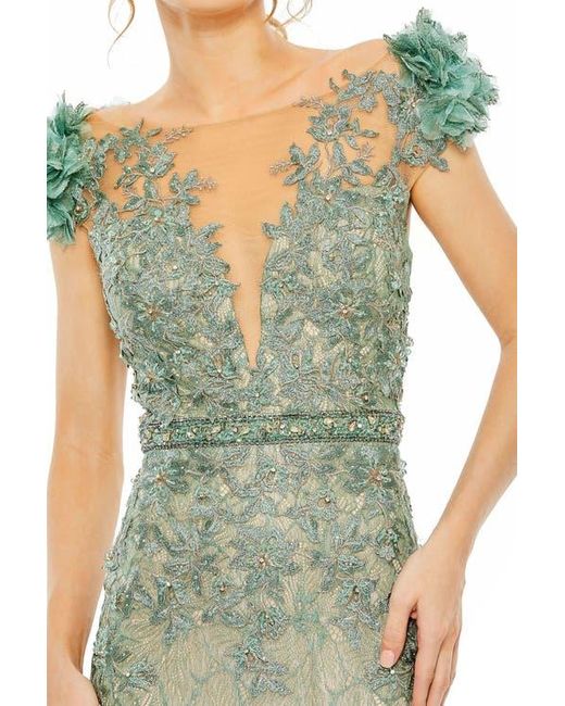 Mac Duggal Green Embroidered Illusion Appliqued Bodice Trumpet Gown