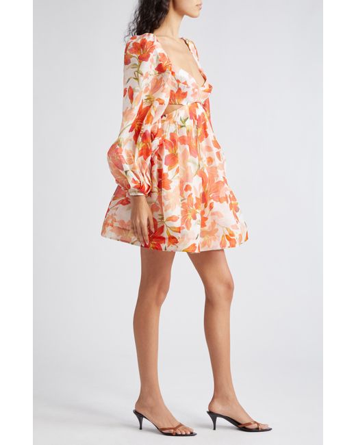 Zimmermann Orange Tranquility Floral Long Sleeve Bralette Bodice Minidress