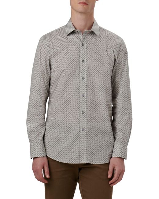Bugatchi Gray Julian Shaped Fit Geometric Print Stretch Cotton Button-up Shirt for men