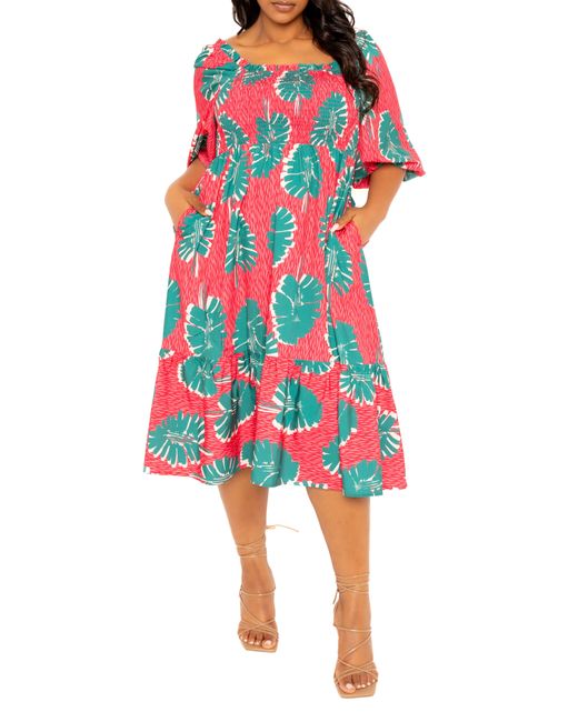 Buxom Couture Red Print Smocked Midi Dress